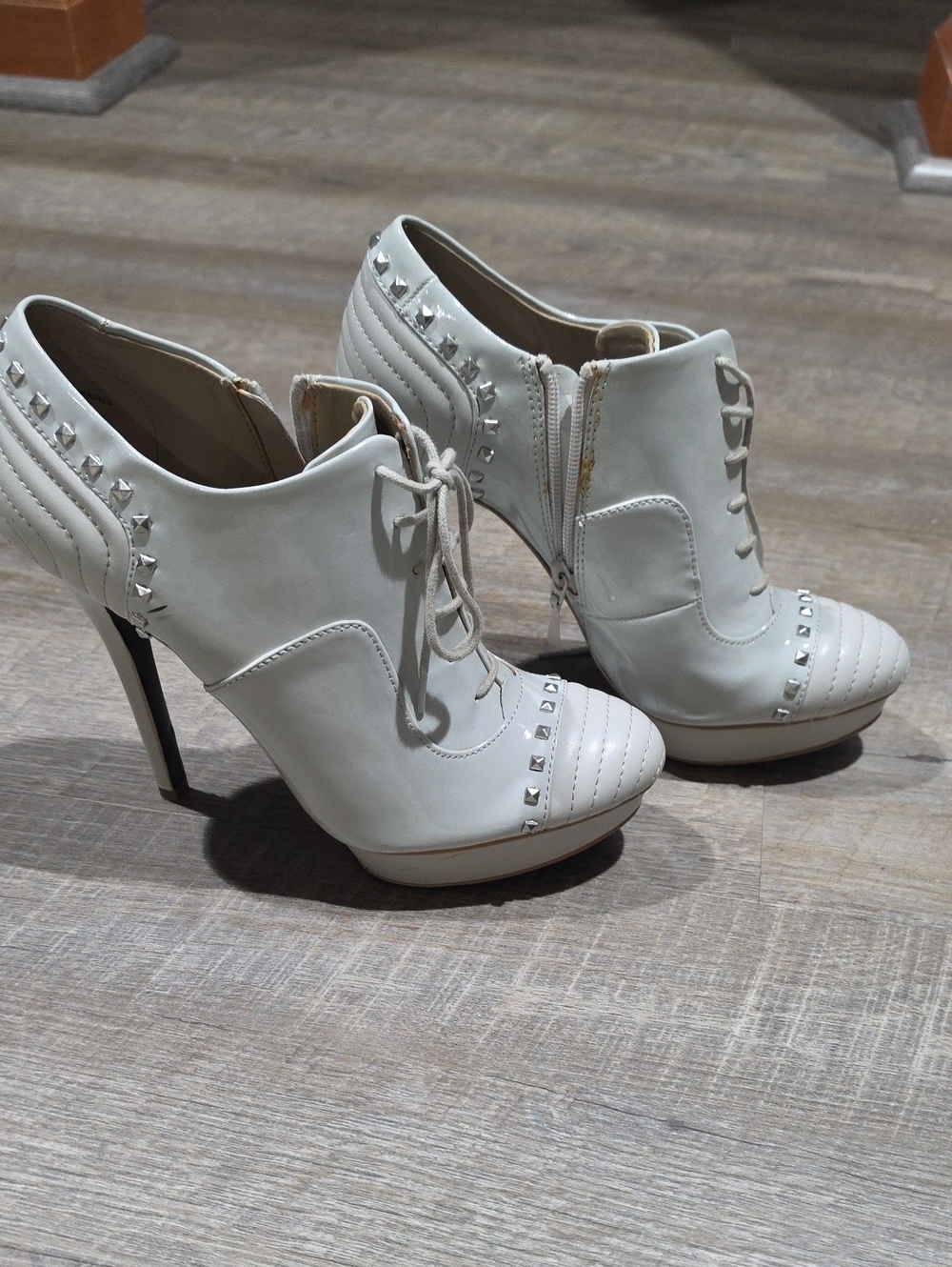 Women's Light Grey Studded Lace-Up High Heel Booties